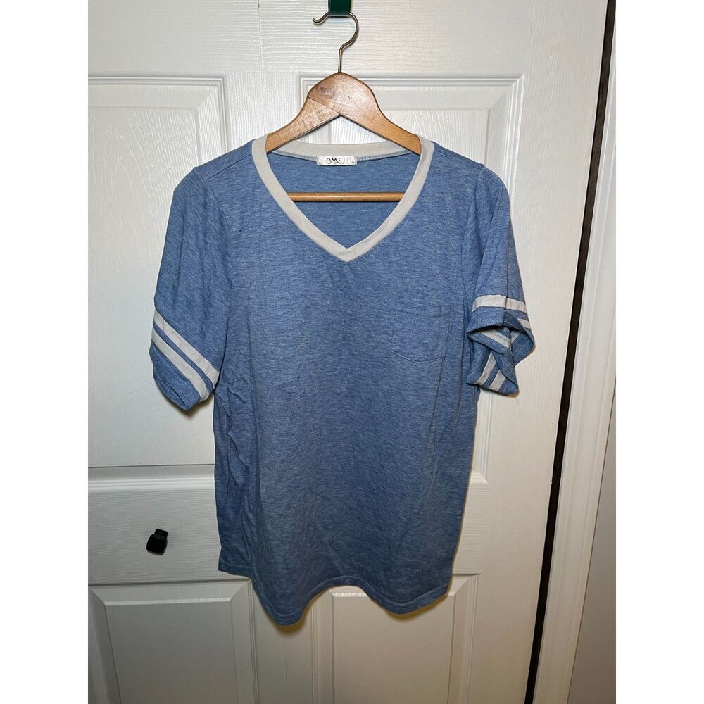 OMSJ Women’s Blue Varsity Stripe V Neck Tee Shirt Size 2XL Casual Top
